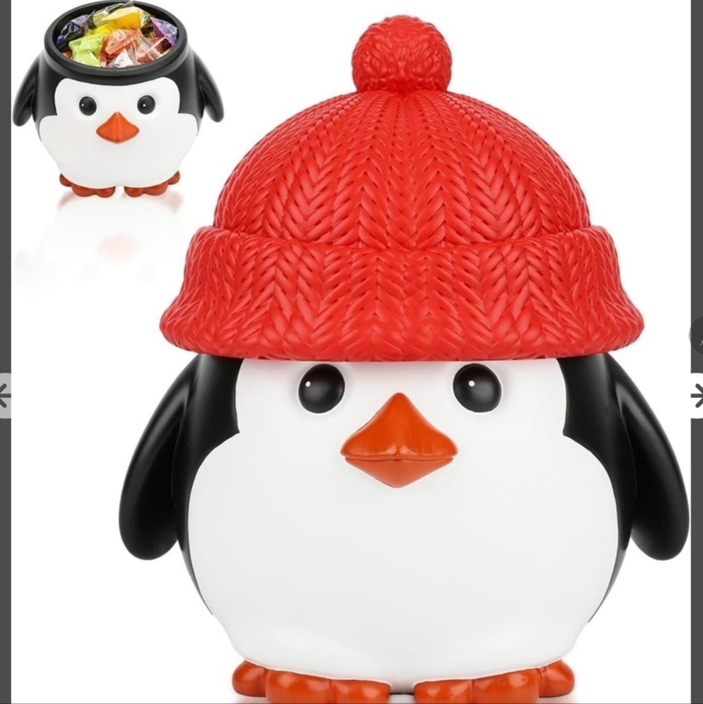 Festive Penguin Treat Jar with Red Knit Hat